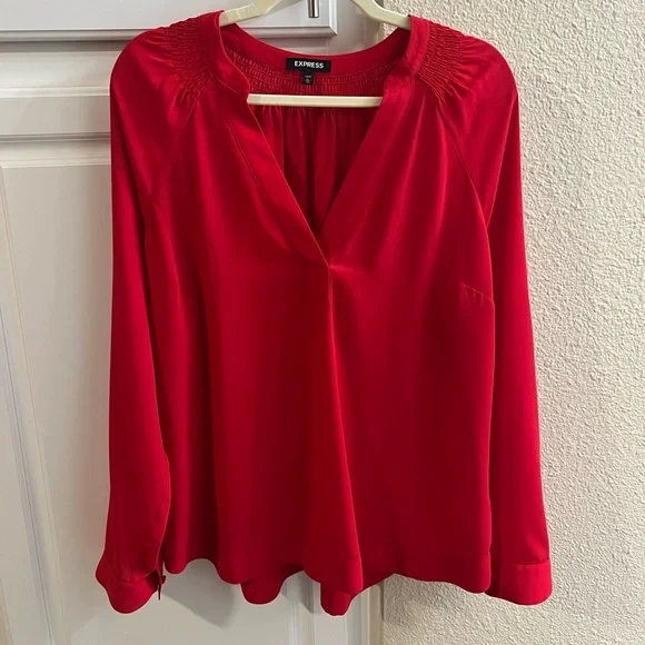 Express V Neck Blouse Vibrant Red Women's Blouse - Picture 2 of 5